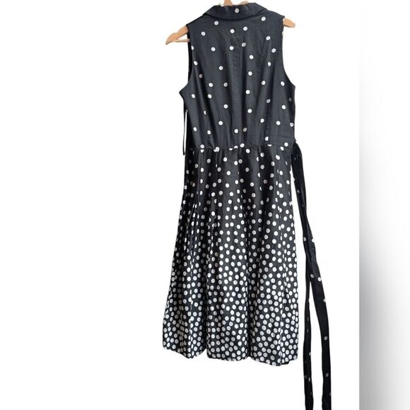 AnneKlein Cotton Fit Flare Faux Wrap Black White Polka Dot Midi Dress Us6 Medium - Picture 11 of 13